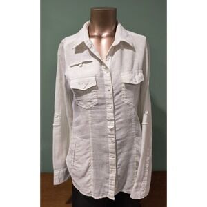 Free People White Linen Blend Roll Tab Sleeve Button Down Shirt/Jacket Small S/P